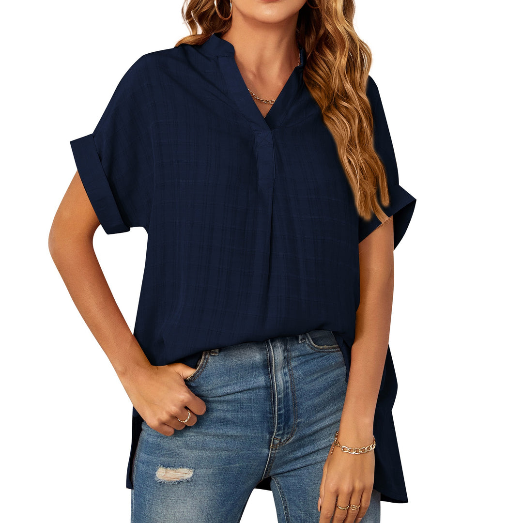 Casual Summer Women V-neck Short Sleeve Solid Color Thin Loose Checked Shirt