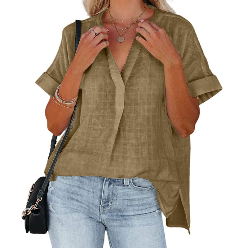 Casual Summer Women V-neck Short Sleeve Solid Color Thin Loose Checked Shirt