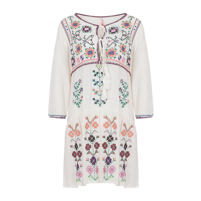 Women  Spring And Summer New Bohemian Holiday Style National Style Flower Embroidery Temperament Dress