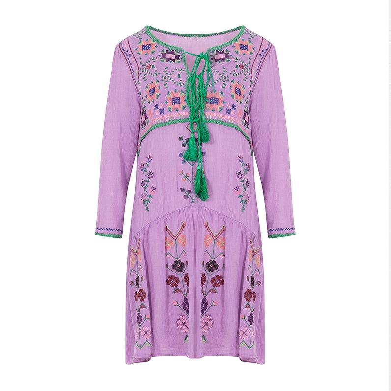 Women  Spring And Summer New Bohemian Holiday Style National Style Flower Embroidery Temperament Dress