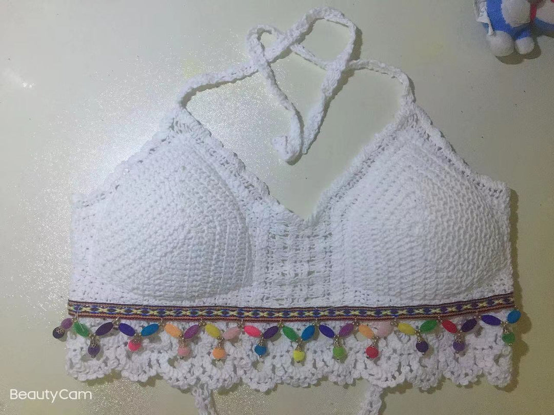 Women Summer Vacation Sleeveless Solid Slim Tie Crochet Crop Top