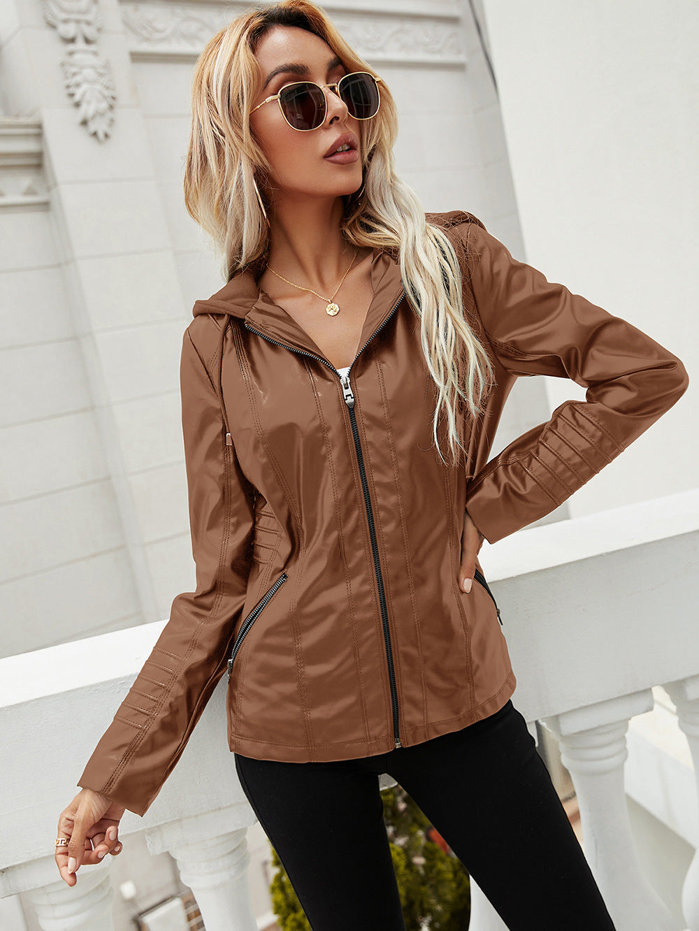 Hooded Long Sleeve Zipper Solid Color Women Clothing Leather Jacket Coat