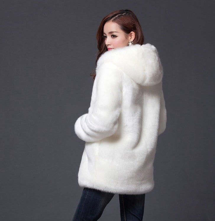 Women Solid Color Hooded Casual Imitation Rabbit Fur Coat Round Neck Warm Loose Coat