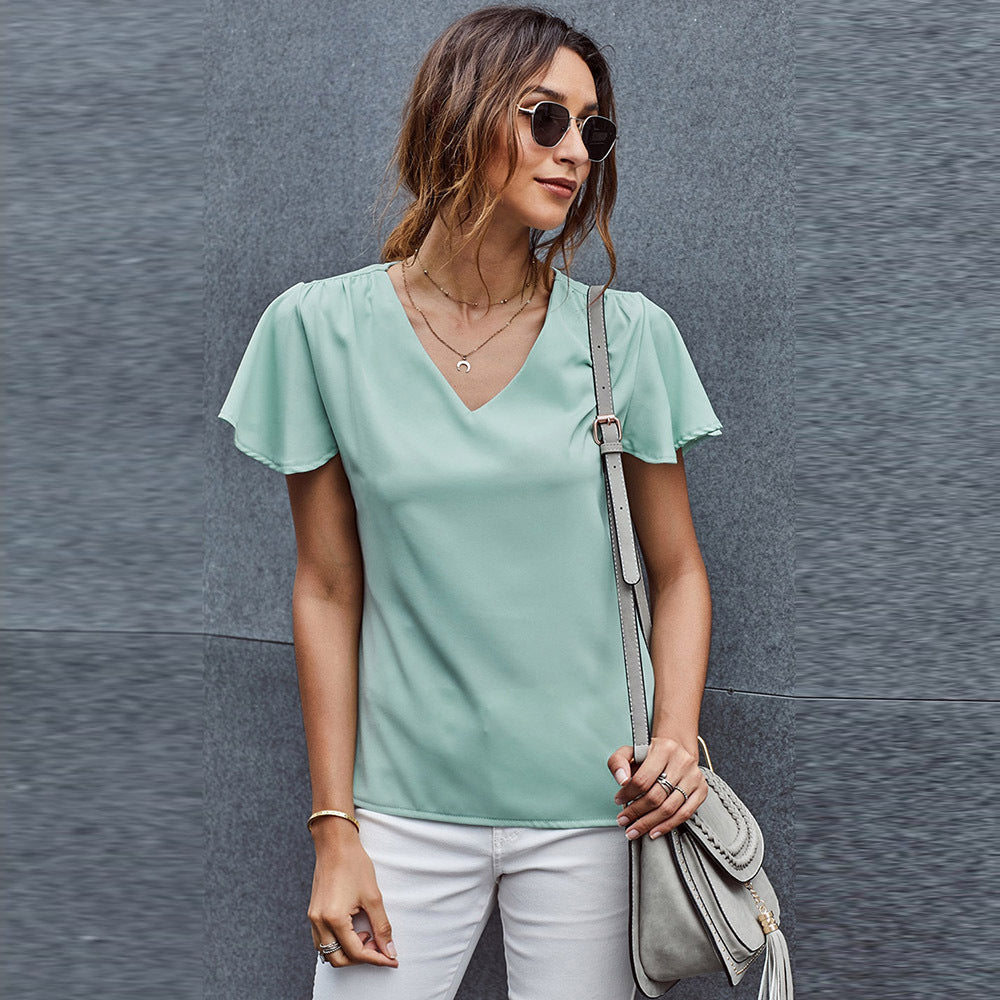 Solid Color Bottoming T shirt for Women Summer V neck Short Sleeve Pullover Regular Top