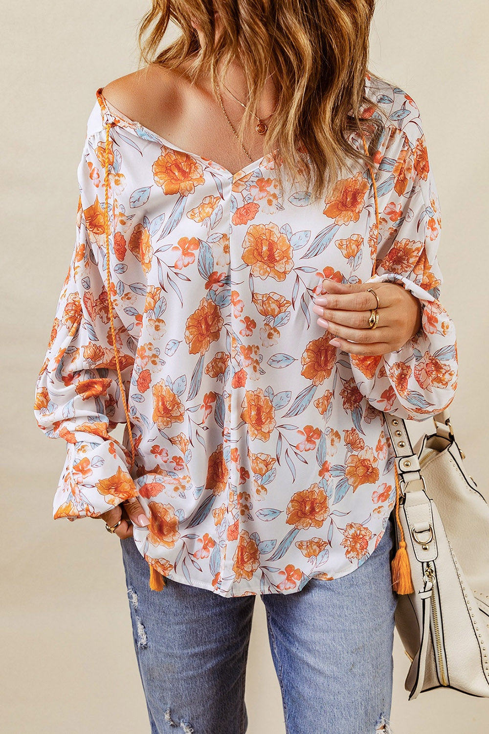 Floral Tie Neck Balloon Sleeve Blouse