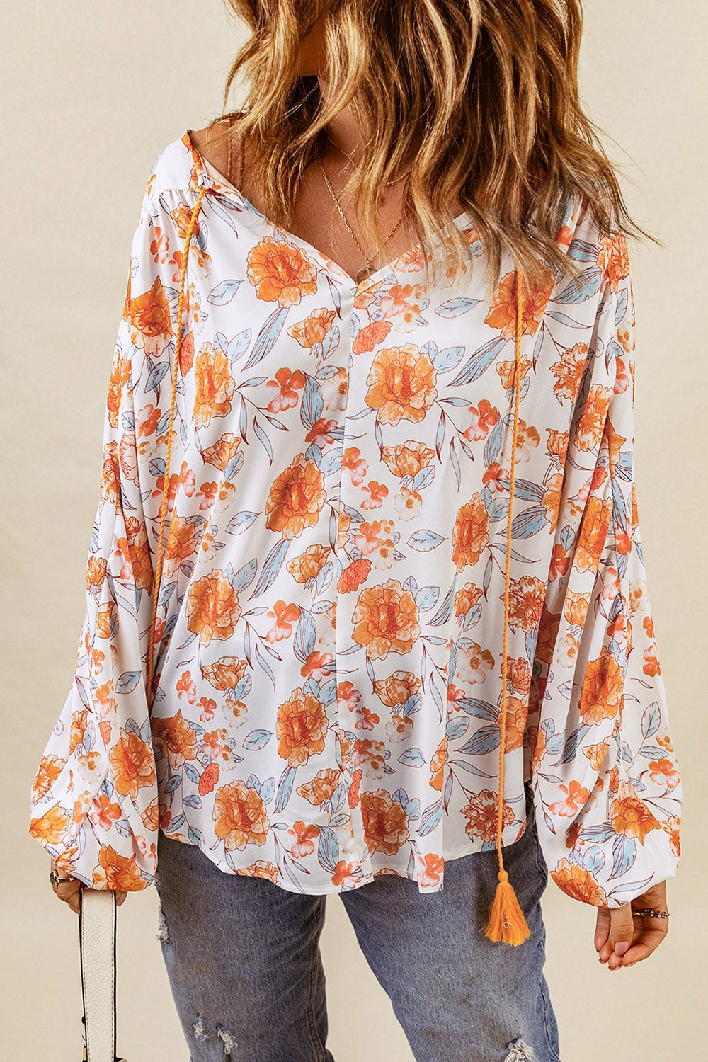 Floral Tie Neck Balloon Sleeve Blouse