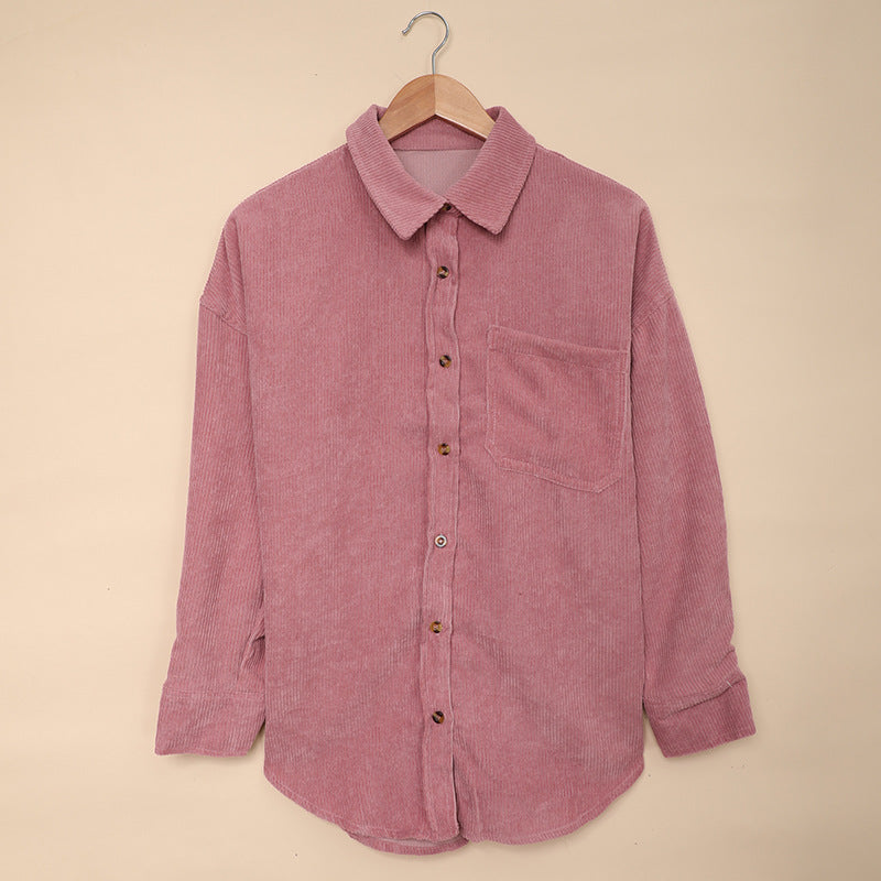 Solid Color Shirt Women Autumn Winter Breasted Collared Pocket Top Corduroy Cardigan Shirt Women