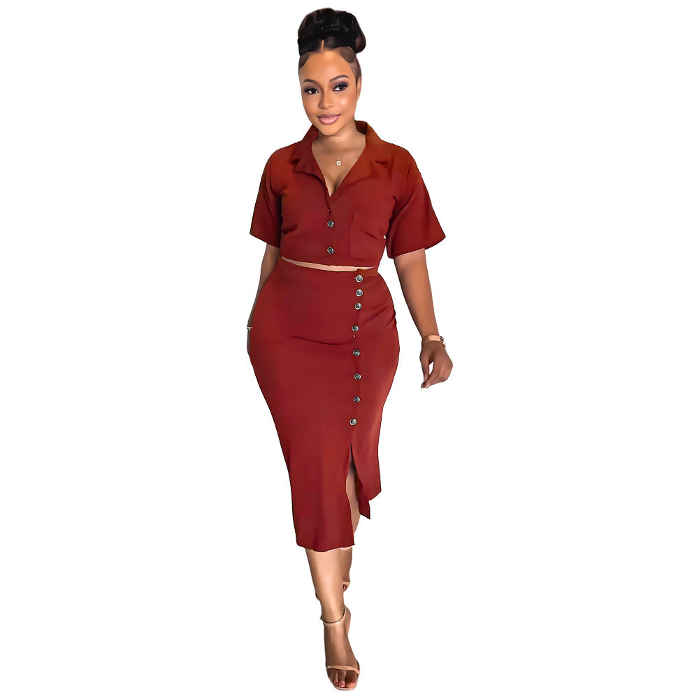 Polo Collar Summer Small Suit Short Sleeve Suit Split Skirt Office Women Two-Piece Suit