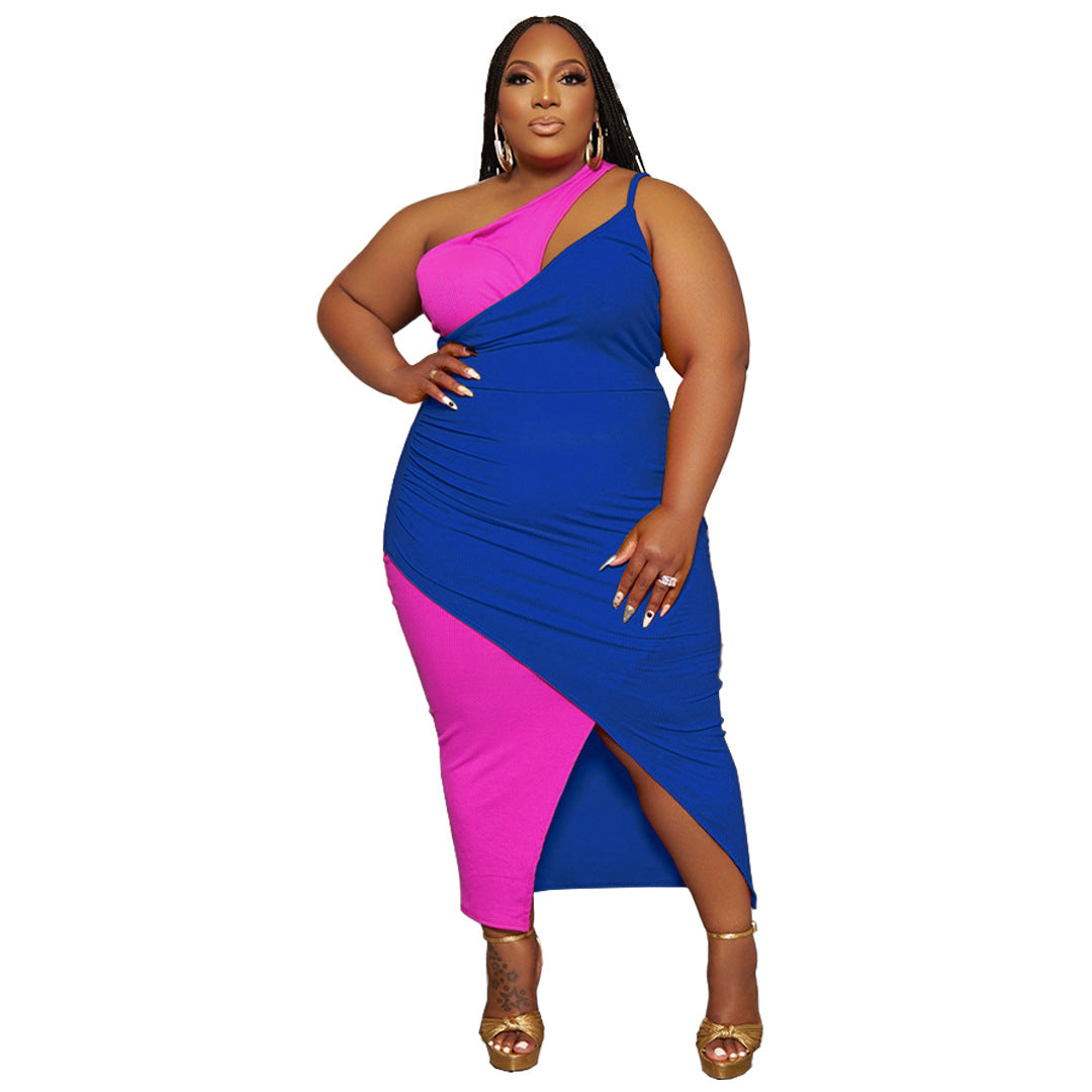 Plus Size Women Sunken Stripe Contrast Color Split Shoulder Zipper Dress