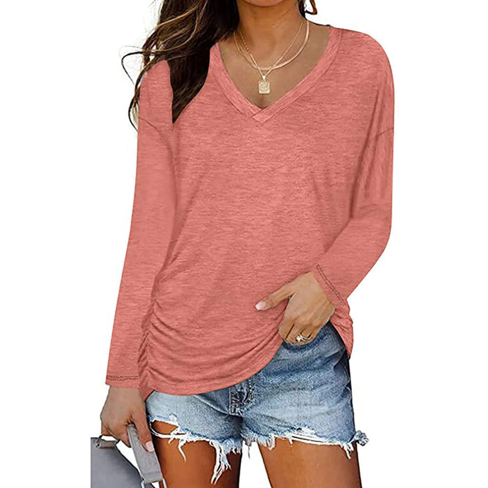 Women Clothing V neck Pleating Long Sleeved T shirt Solid Color Loose Casual Top