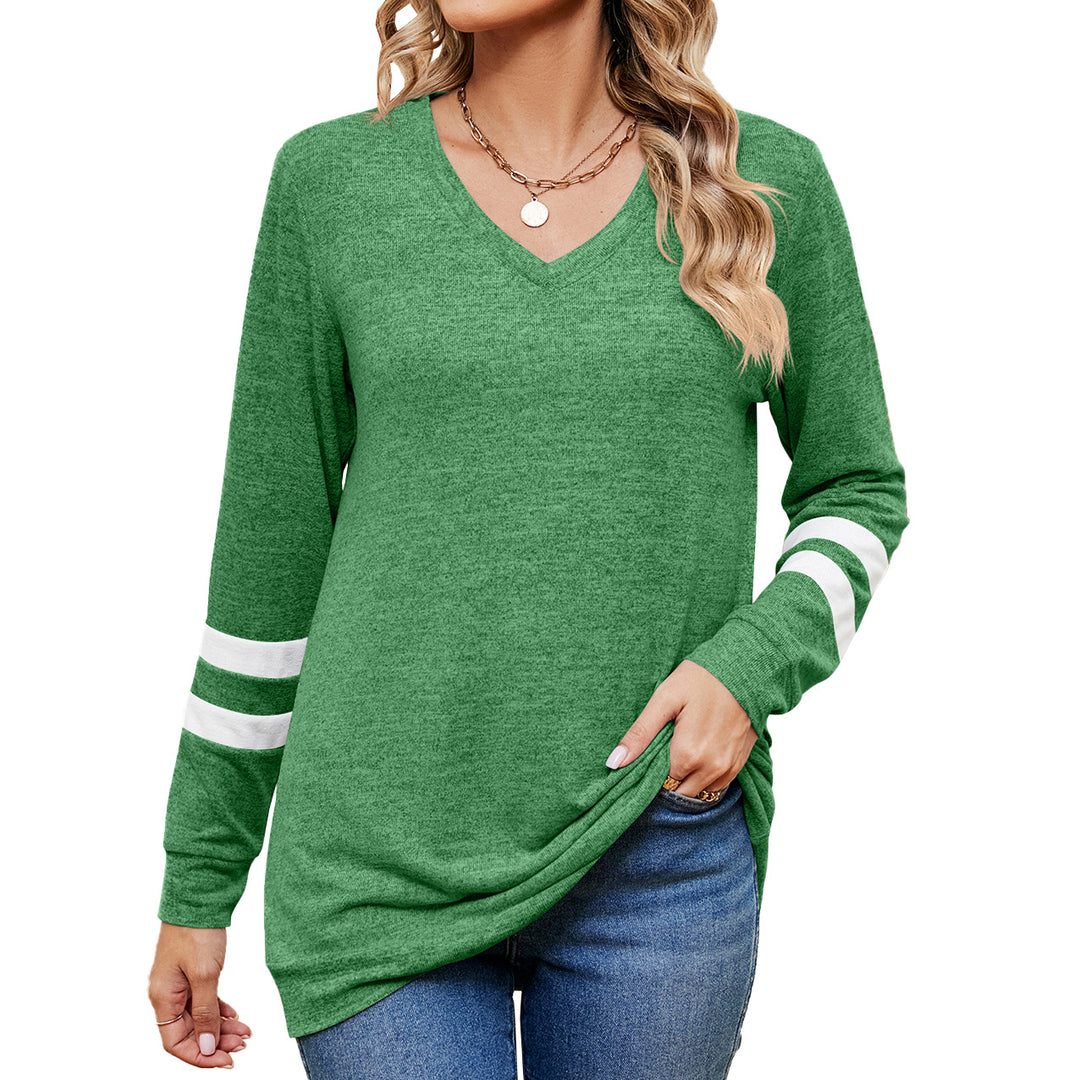 Autumn Winter Solid Color V neck Color Contrast Patchwork Loose Long Sleeved T shirt Top