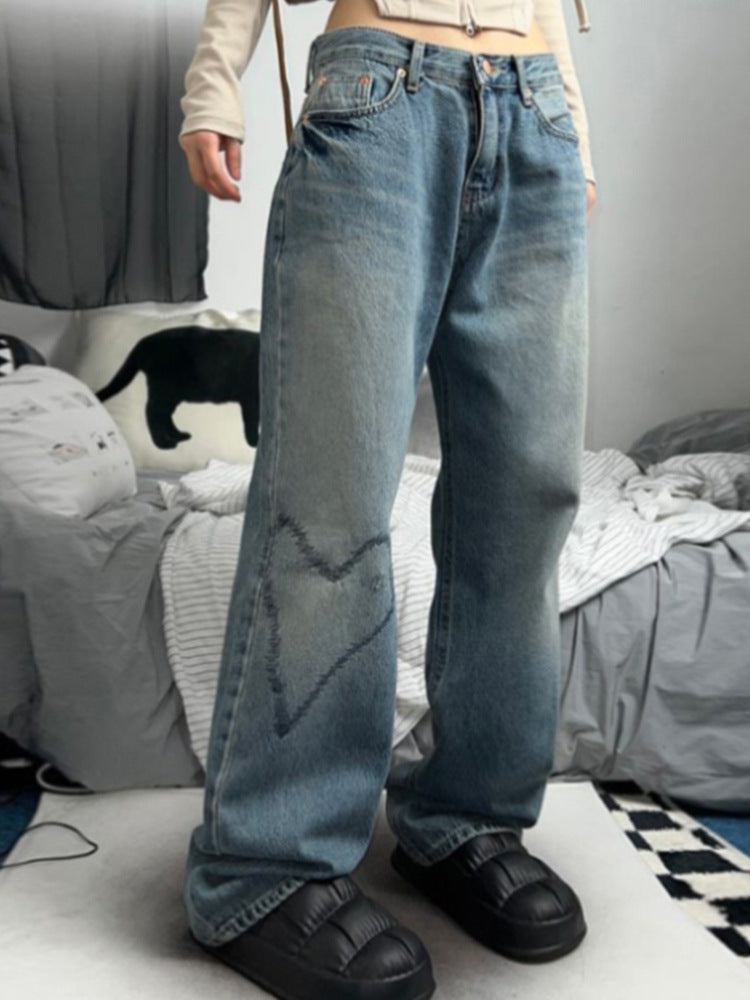 Women Wide Leg Vintage Print Loose Jeans Girls
