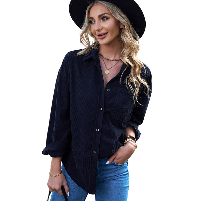 Solid Color Shirt Women Autumn Winter Breasted Collared Pocket Top Corduroy Cardigan Shirt Women