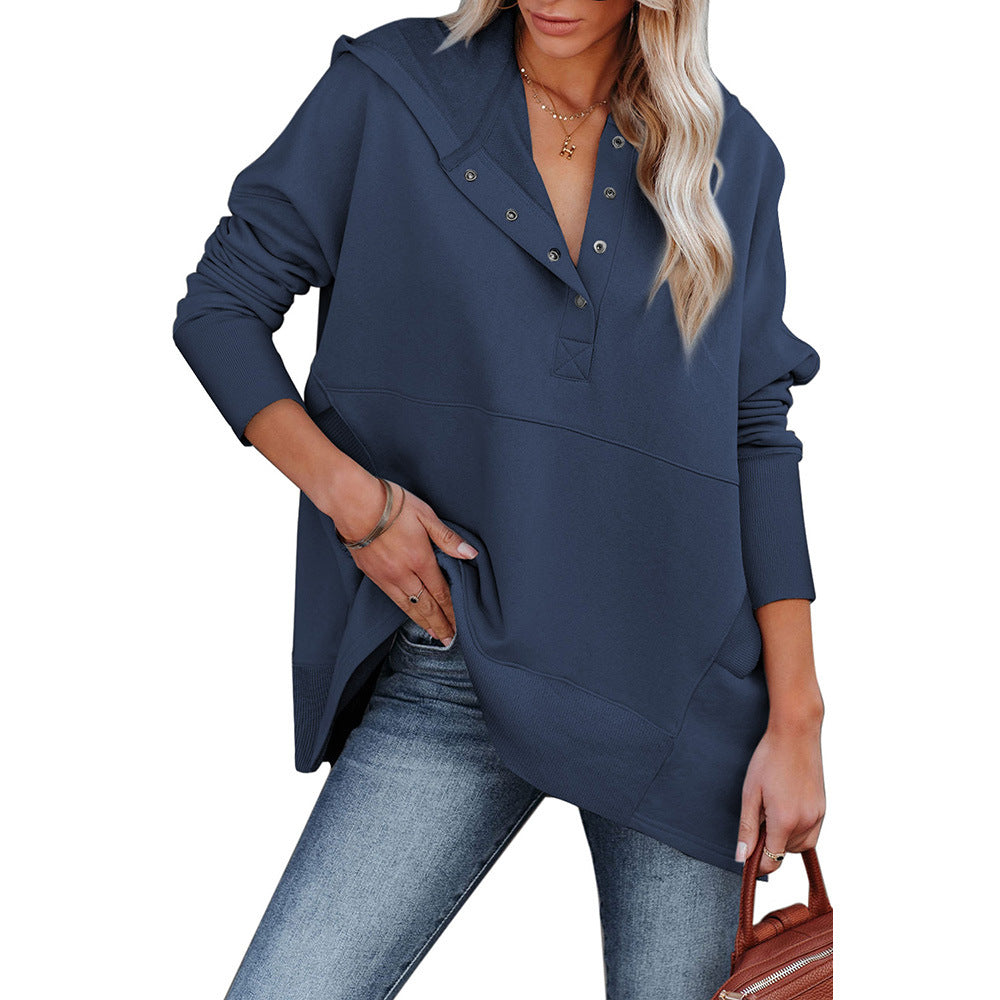 Loose Hooded Sweater Women Mid Length Autumn Winter Solid Color Casual Bottoming Shirt Top