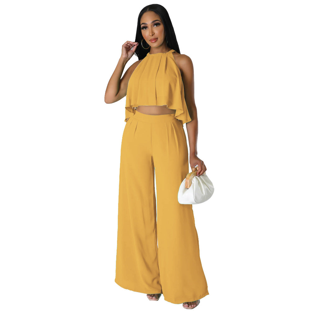 Sexy Sleeveless Cropped Top Chiffon High Waist Loose Women Wear Trousers Two Piece Set