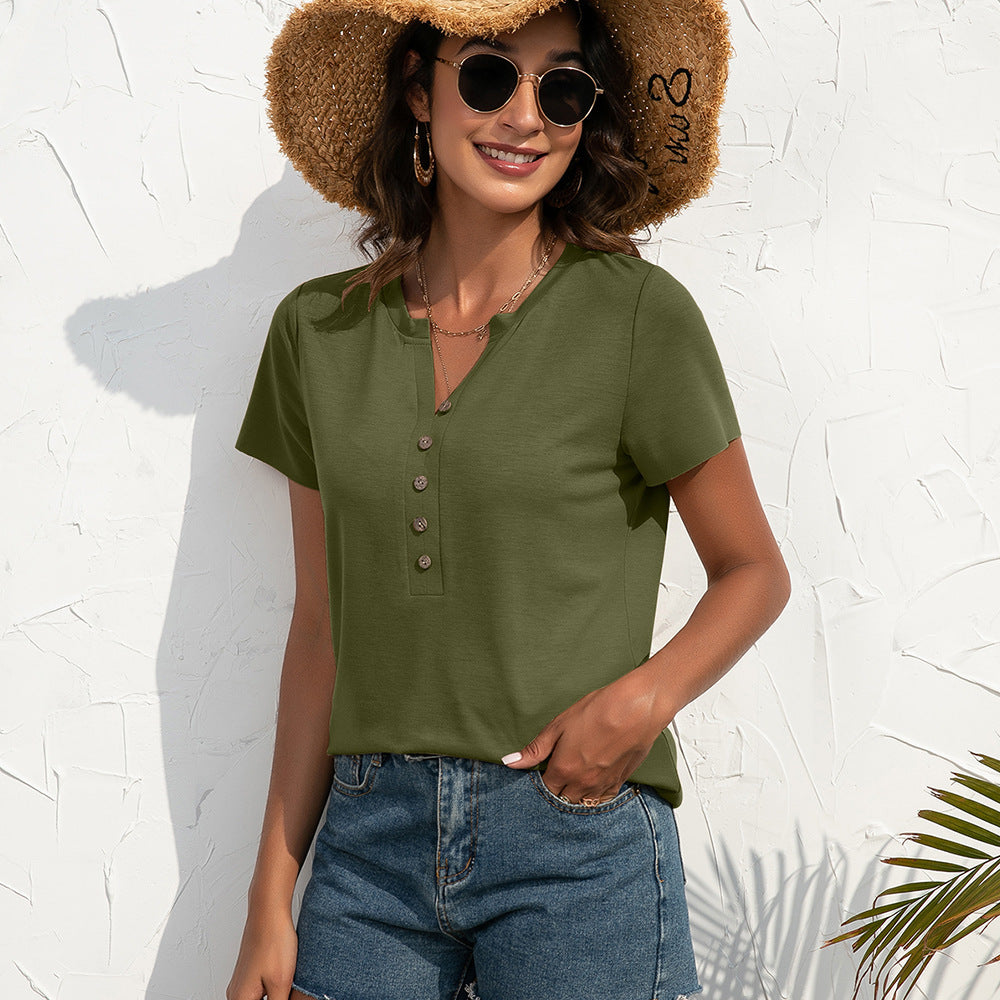 Loose Casual V neck Pullover Short Sleeved T shirt Solid Color Decorative Button Knitted Top Women