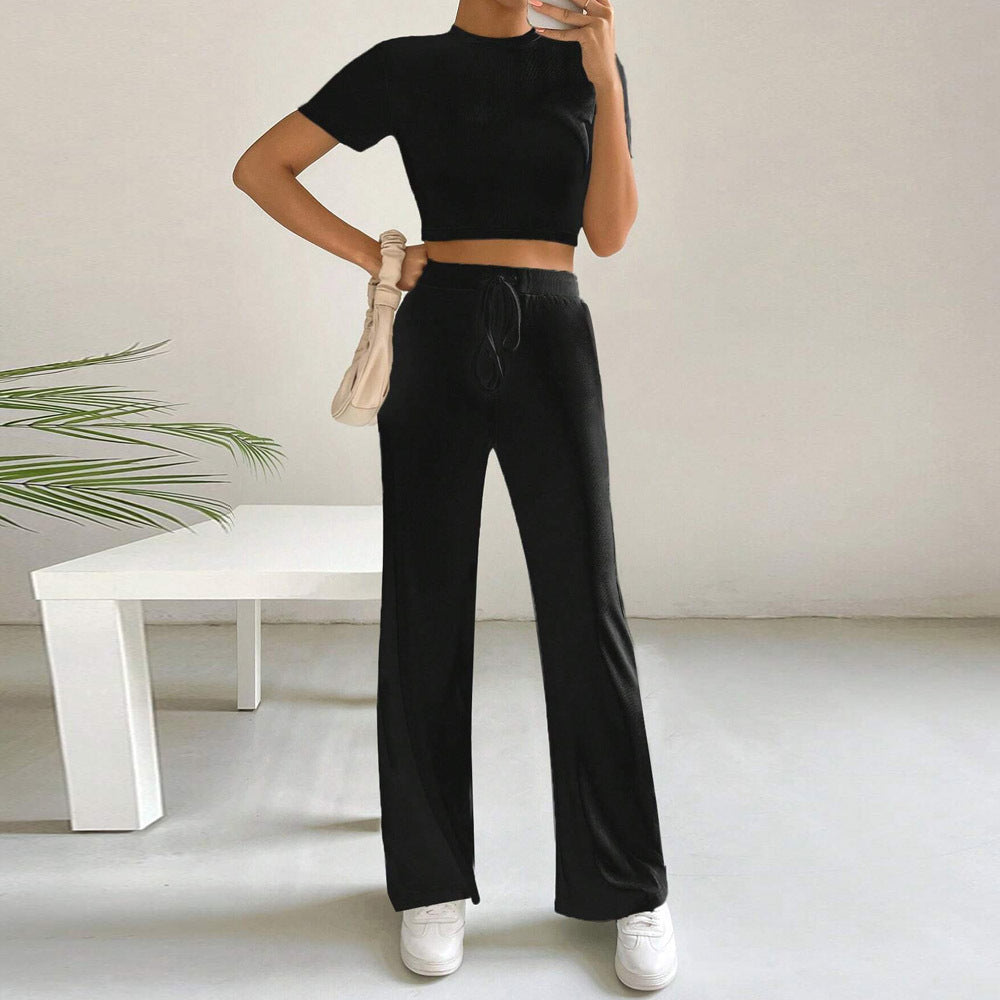 Women Clothing Cropped Slim Knitted Short Sleeve High Waist Wide Leg Pants Two Piece Set