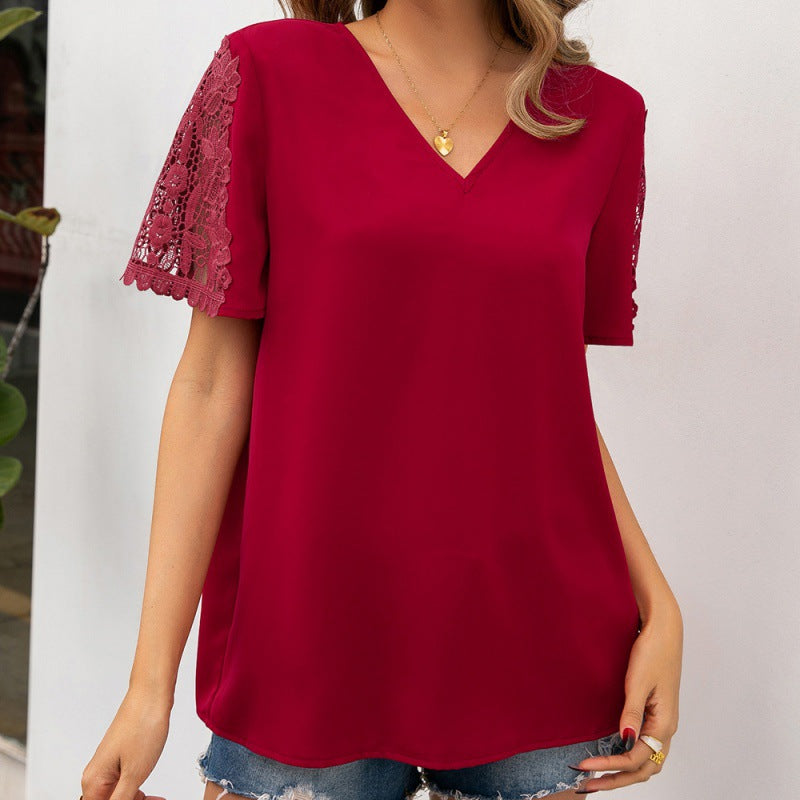 Lace Stitching Short Sleeve V Neck Shirt Casual Loose Hollow Out Cutout Shirt Top for Women