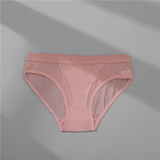 Women Briefs Low Waist Mesh Solid Color Briefs Cotton Crotch Panties