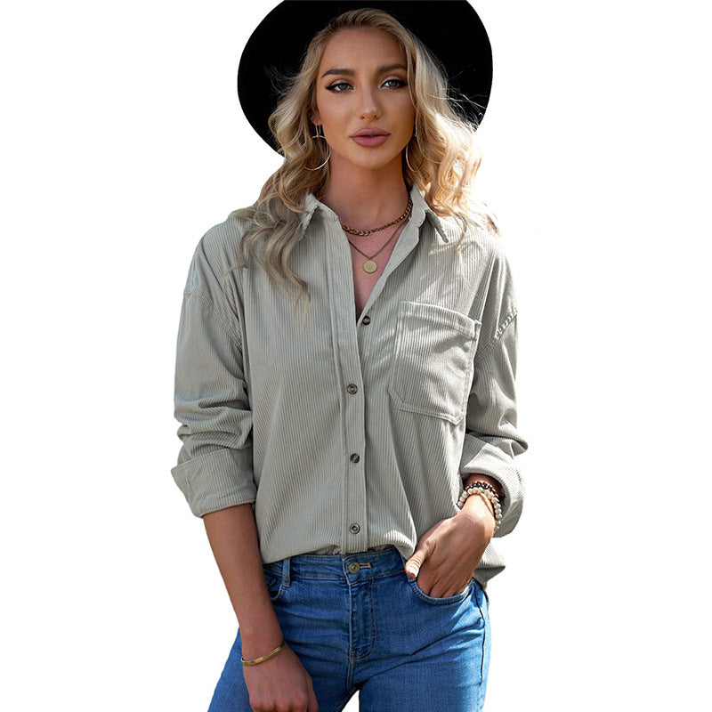 Solid Color Shirt Women Autumn Winter Breasted Collared Pocket Top Corduroy Cardigan Shirt Women