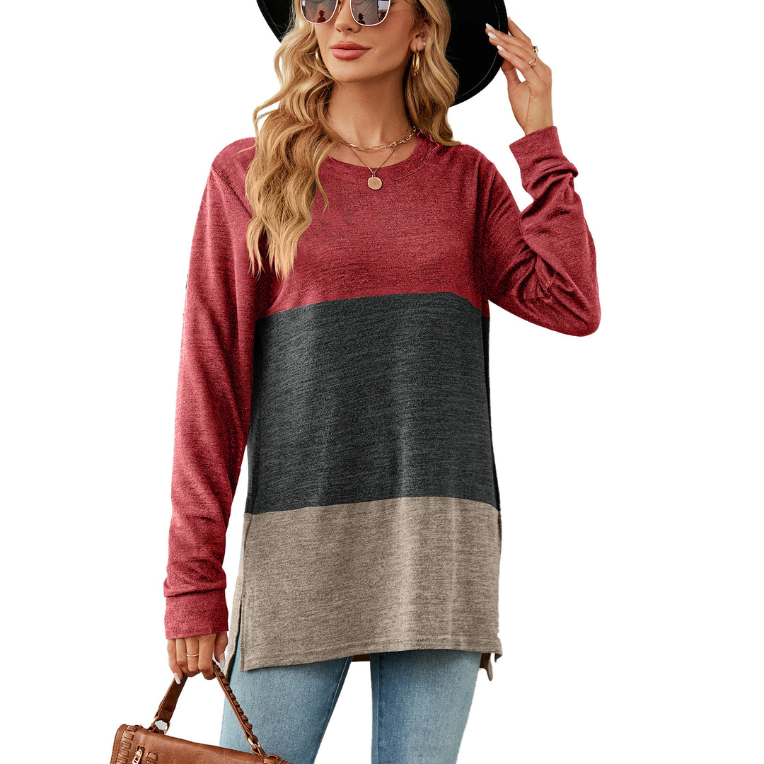 Autumn Winter Solid Color round Neck Contrast Color Stitching Loose Long Sleeved T shirt Women