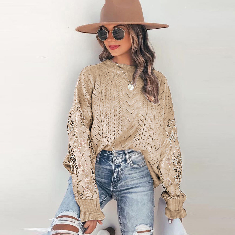 Cutout Floral Long Sleeved Sweater Women Loose round Neck Pullover Top
