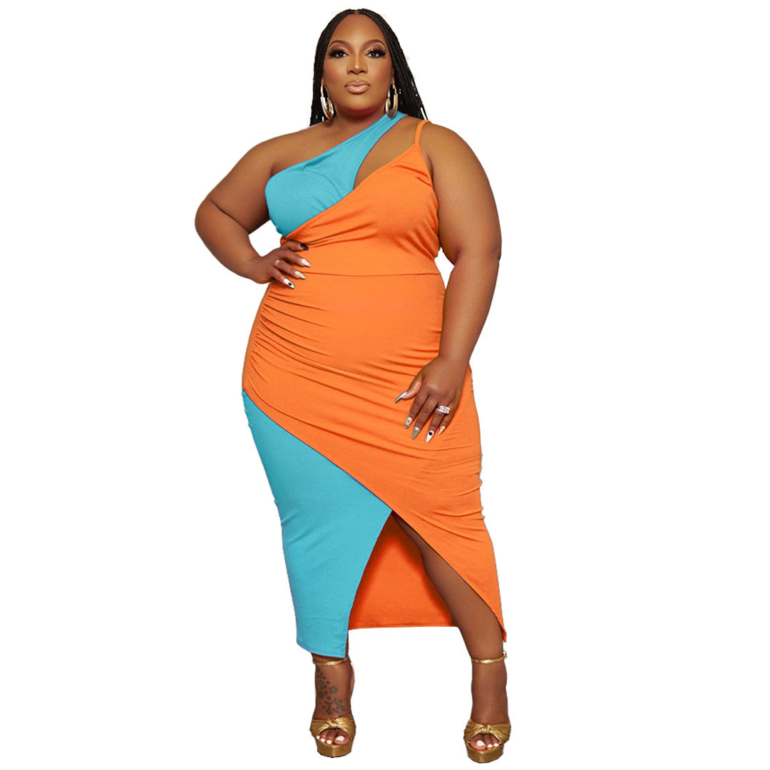 Plus Size Women Sunken Stripe Contrast Color Split Shoulder Zipper Dress