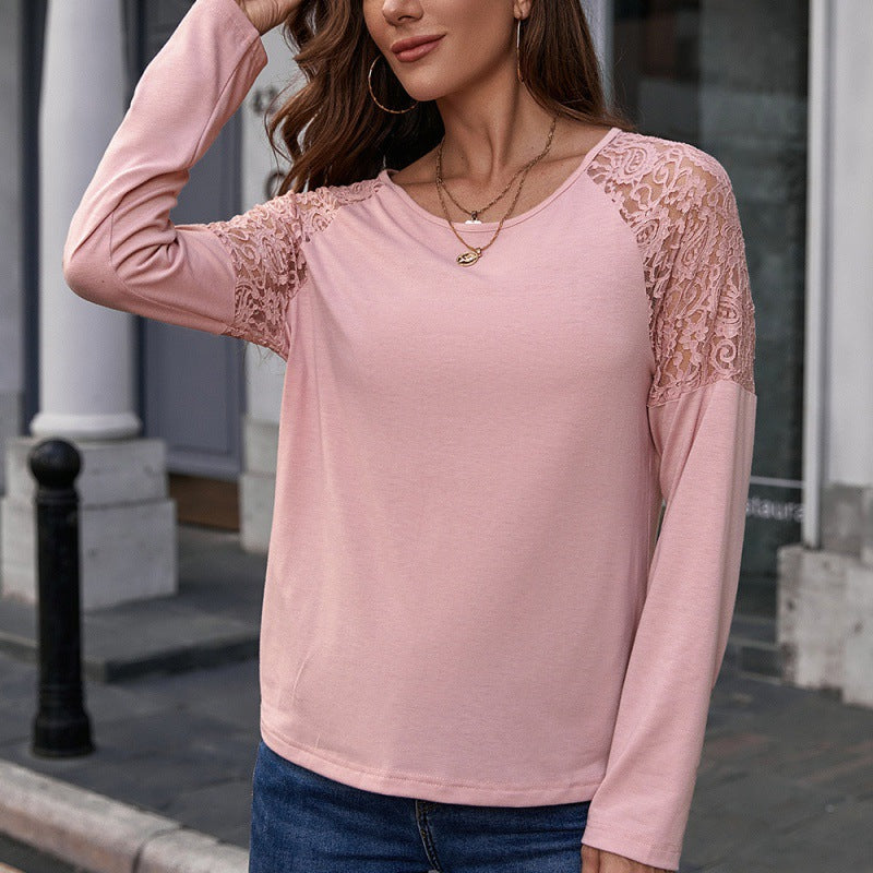 Lace Patchwork round Neck Long-Sleeved T-shirt Hollowed Casual Loose Bottoming Shirt Top for Women