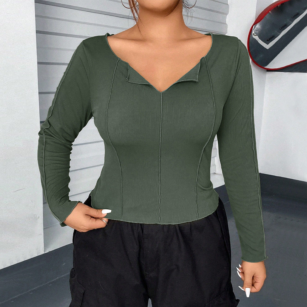 Plus Size Spring Autumn Winter Slim Fit Short Sweet Spicy Niche V neck T shirt Women Long Sleeve Inner Bottoming Shirt Top Clothes