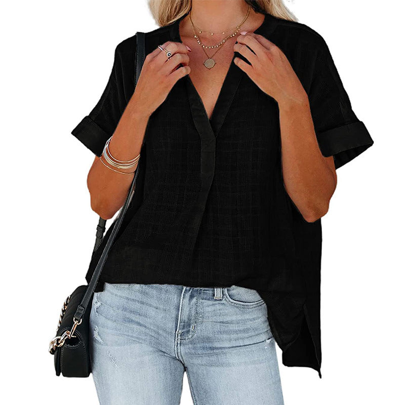 Casual Summer Women V-neck Short Sleeve Solid Color Thin Loose Checked Shirt