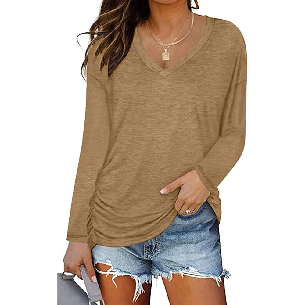 Women Clothing V neck Pleating Long Sleeved T shirt Solid Color Loose Casual Top