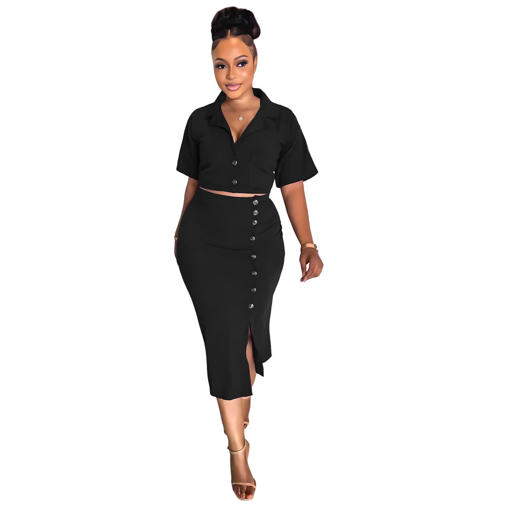 Polo Collar Summer Small Suit Short Sleeve Suit Split Skirt Office Women Two-Piece Suit