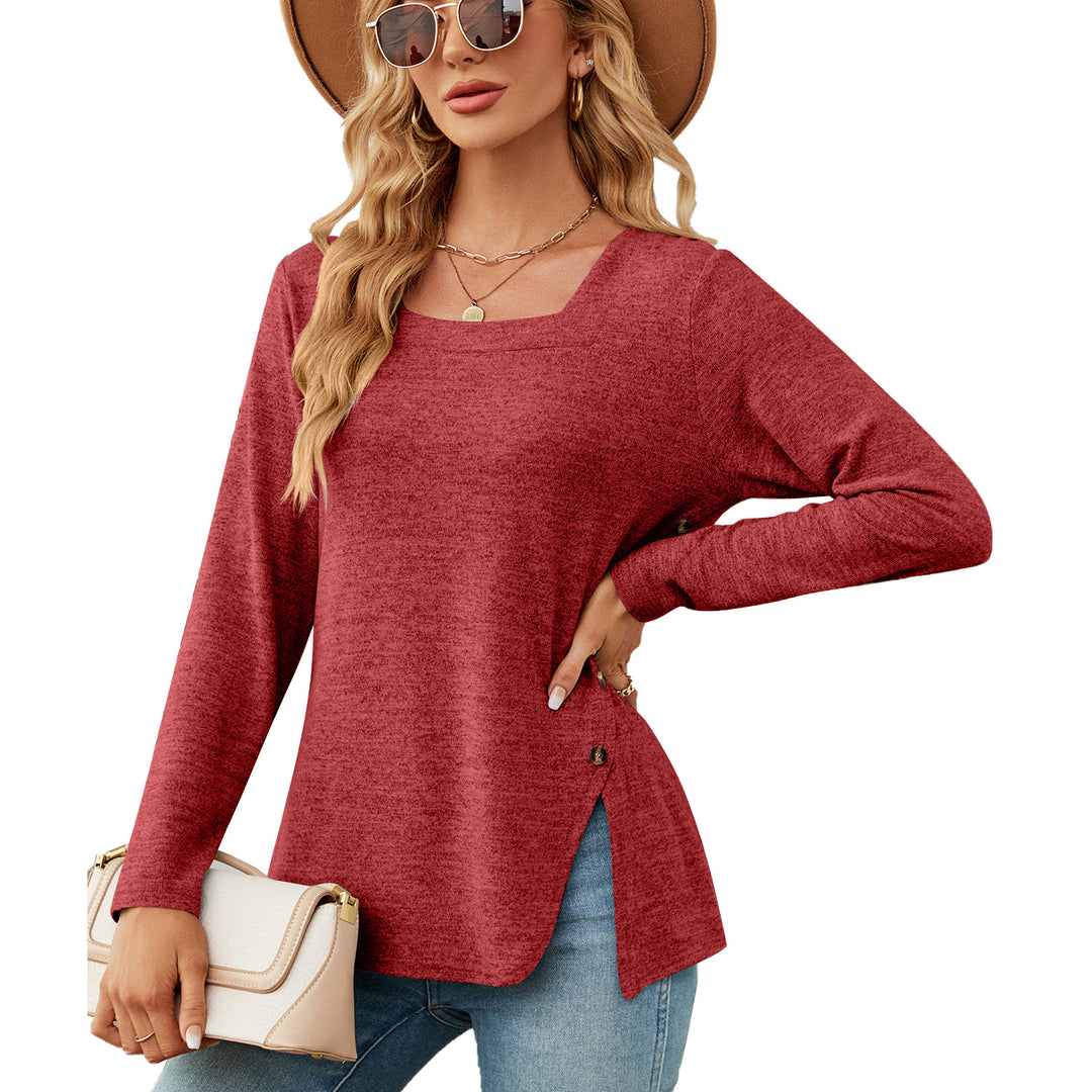 Autumn Winter Square Collar Button Slit Loose Long Sleeve T shirt Top Women