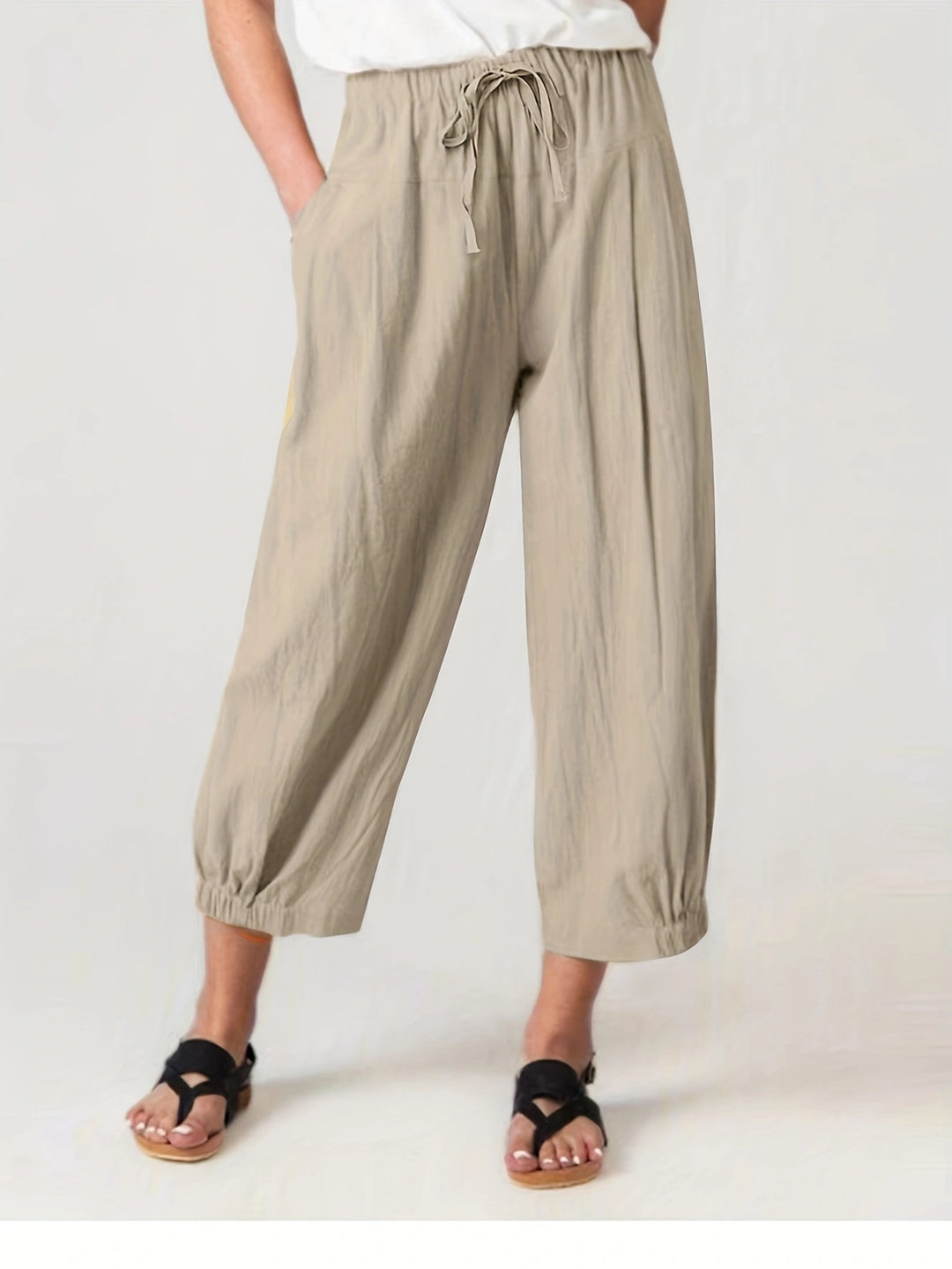 Summer Cropped Pants Pocket Casual Pants Women Loose Wide Leg Pants outside