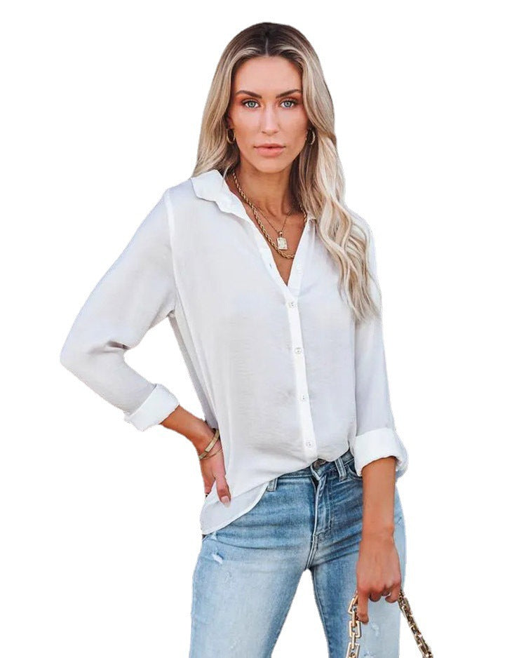 Women Clothing Autumn Winter Casual Loose Long Sleeve Buckle V neck Shirt Top