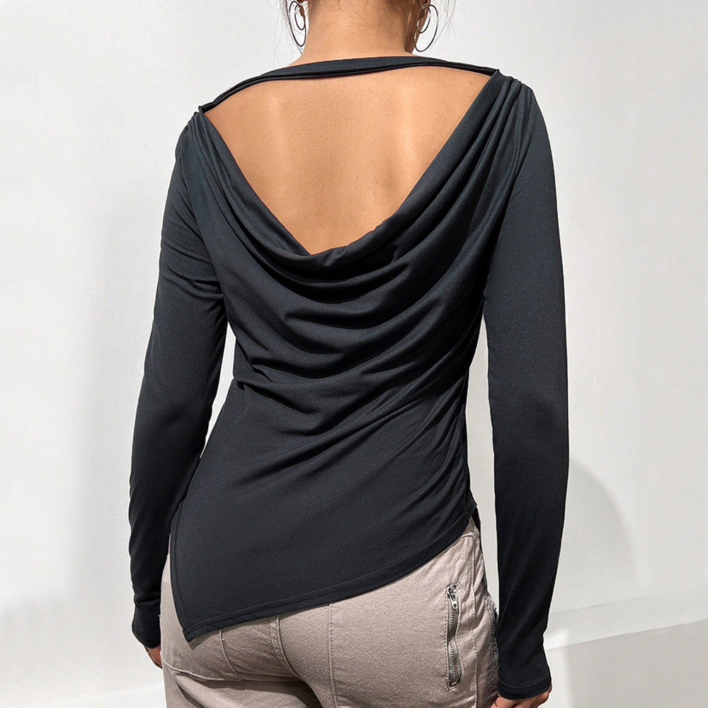 Women Clothing Autumn Winter Elegant Backless Slim Fit Irregular Asymmetric Slit Inner Bottoming Shirt Long Sleeve Top