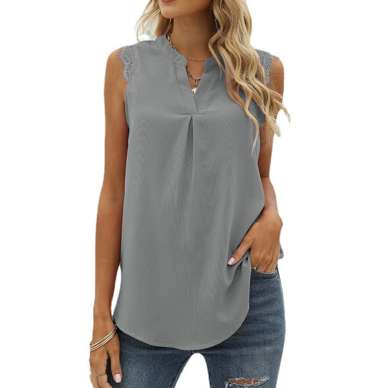 Women Clothing Spring Summer Solid Color Shirt Loose V-neck Sleeveless Lace Lace-Collared Blouse
