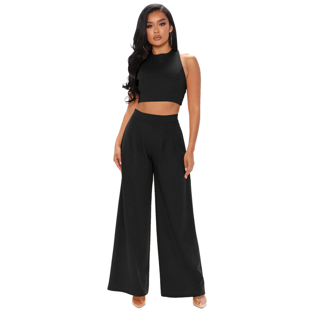 Cropped Tank Top Straight Flare Pants Casual Sports Two Piece Set