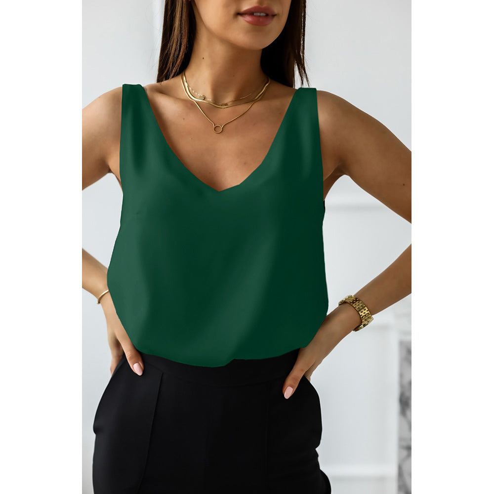 Solid Color Deep V Plunge neck Loose Pullover Vest Women Summer Sleeveless Top