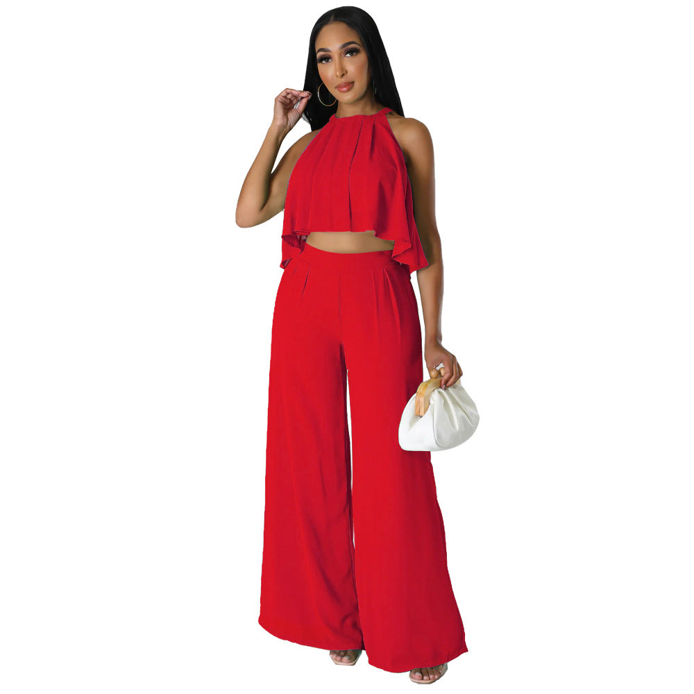 Sexy Sleeveless Cropped Top Chiffon High Waist Loose Women Wear Trousers Two Piece Set