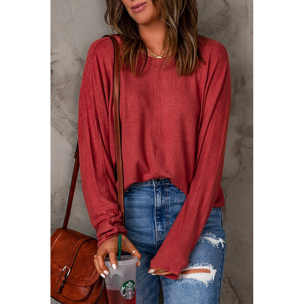 Red Patchwork Long Sleeved Top Women Casual All Matching Base T shirt