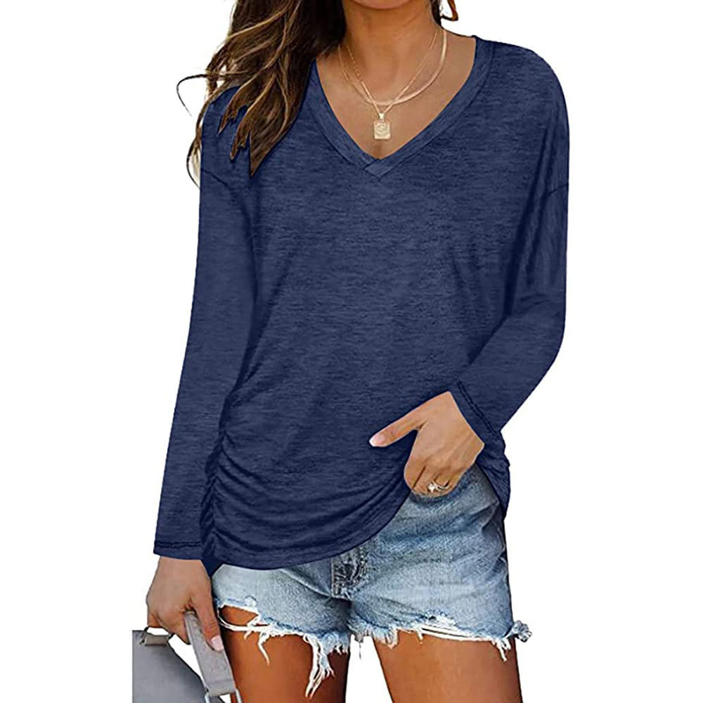 Women Clothing V neck Pleating Long Sleeved T shirt Solid Color Loose Casual Top