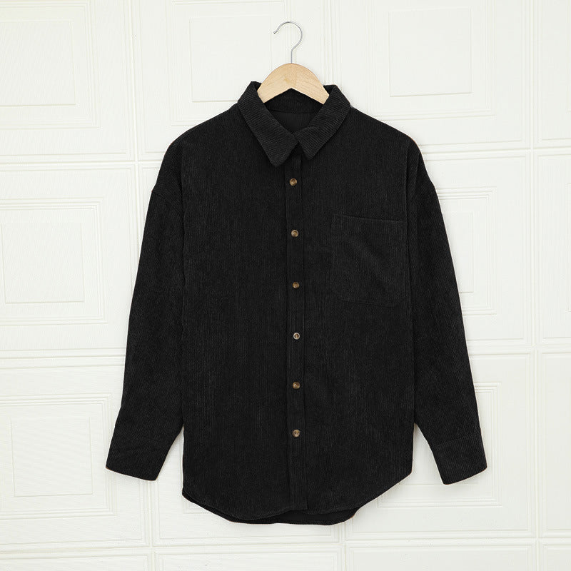 Solid Color Shirt Women Autumn Winter Breasted Collared Pocket Top Corduroy Cardigan Shirt Women