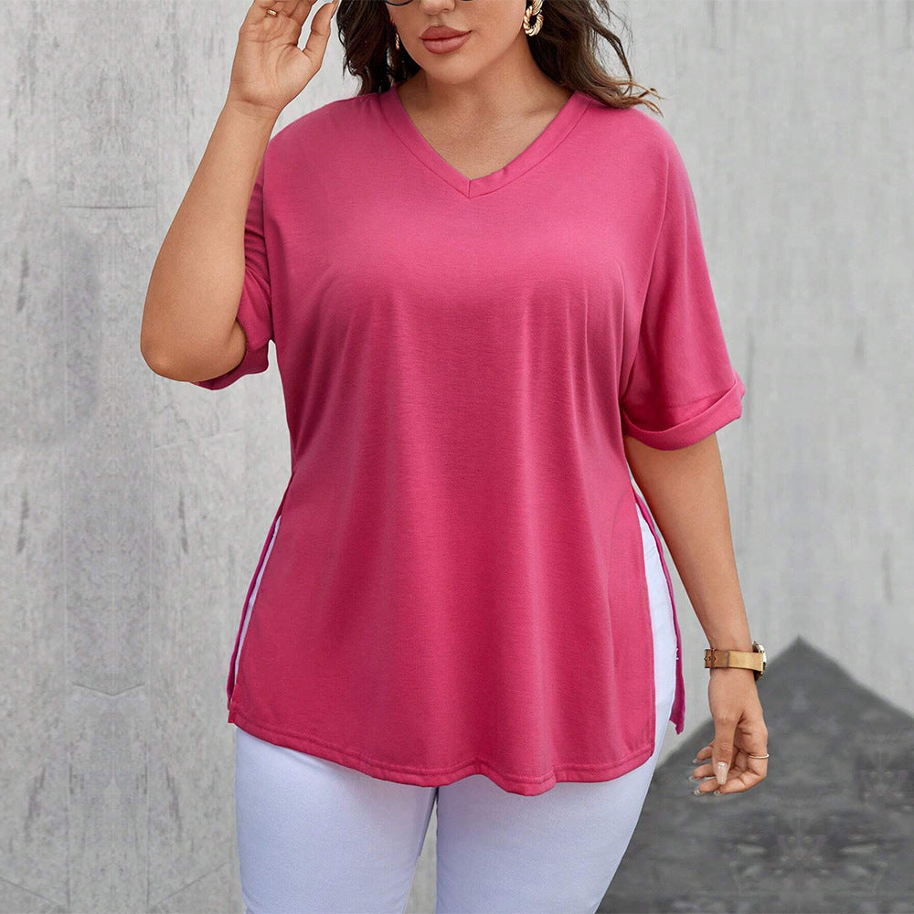 Plus Size Women Clothes Sexy V neck Loose Casual Slit Solid Color Short Sleeve T shirt Top