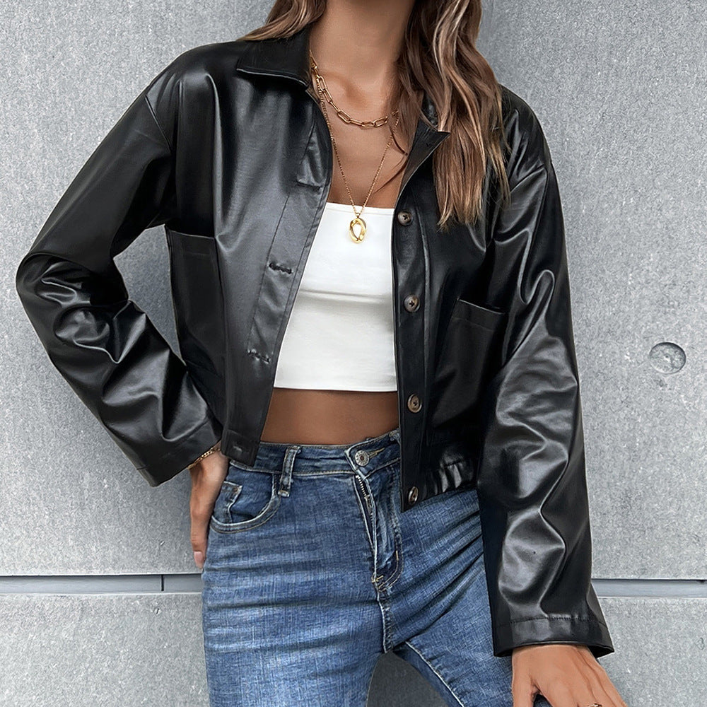 Casual Long Sleeve Top Faux Leather Motorcycle Leather Jacket Coat For Women