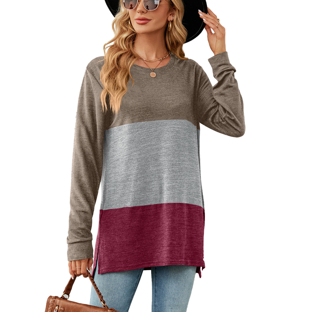 Autumn Winter Solid Color round Neck Contrast Color Stitching Loose Long Sleeved T shirt Women