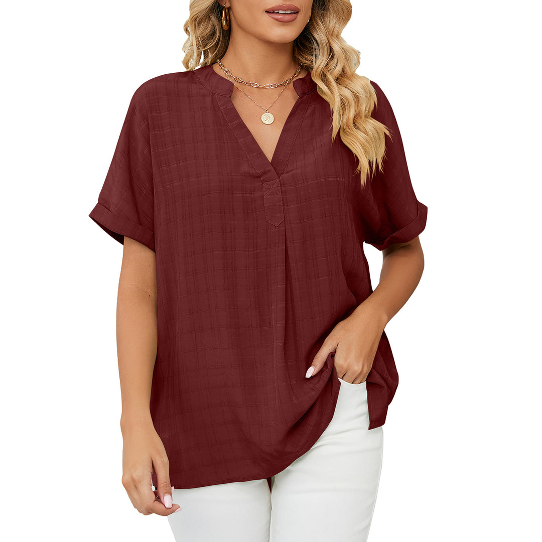 Thin V Neck Casual Pullover Solid Color Loose Shirt Top Women