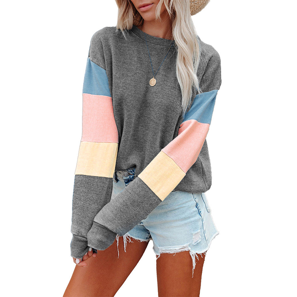 Autumn Winter Hoodless Sweater Women Color Block Stitching Loose Long Sleeve Top