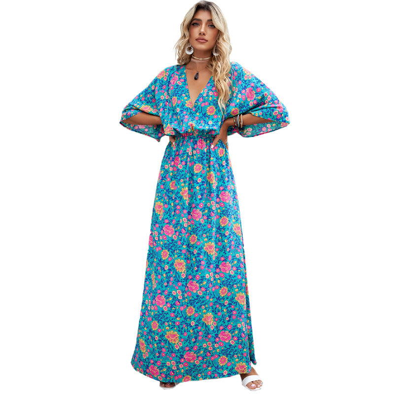 Summer Blue Floral Women Loose Waist Batwing Sleeve Maxi Dress