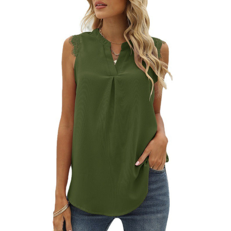 Women Clothing Spring Summer Solid Color Shirt Loose V-neck Sleeveless Lace Lace-Collared Blouse